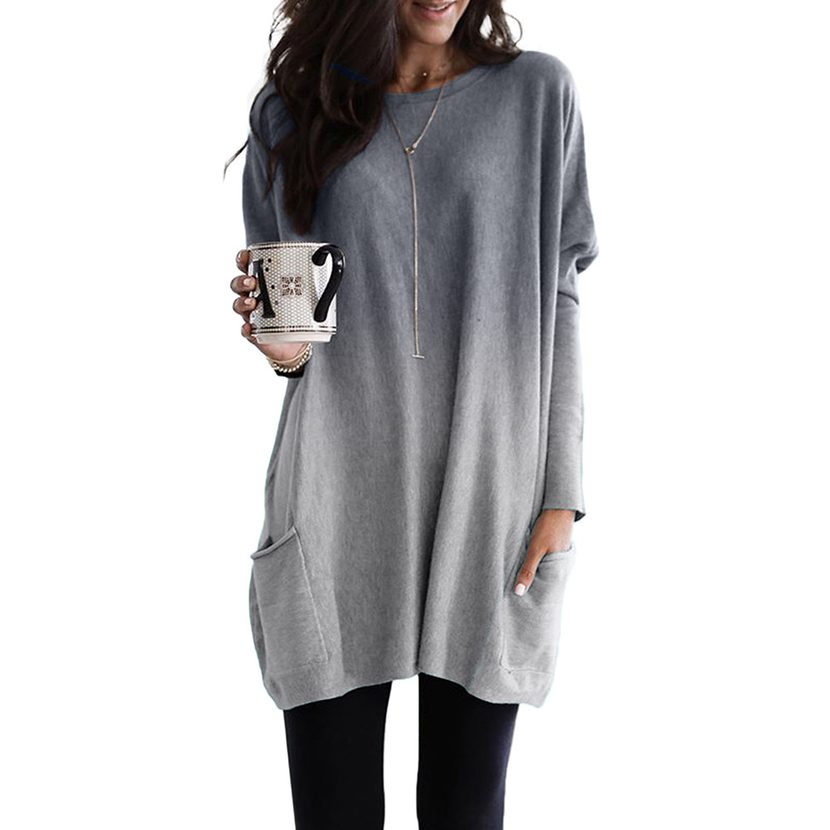 Womens Gradient Color Long Sleeve T Shirt Casual Loose Fit Round Neck Mid Length Winter Wear Who