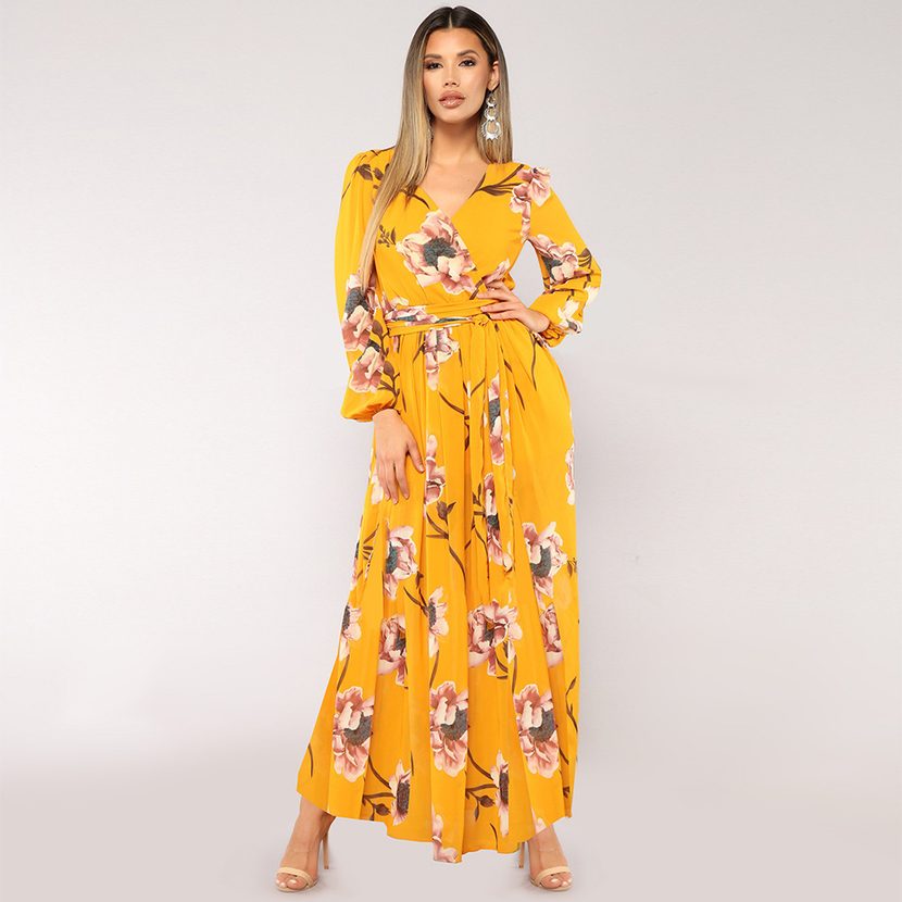 Long Sleeve Floral Print Dress for Women V Neck Tie Detail Spring and Summer Fashion
