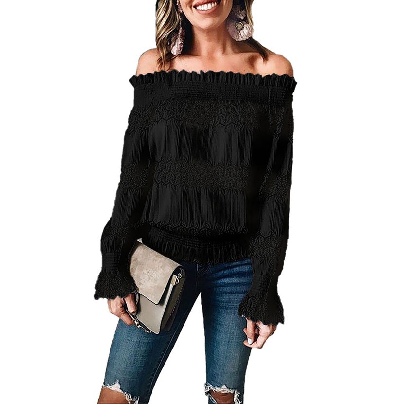 Womens Long Sleeve T Shirt Solid Color Off Shoulder Straight Cut Printed Design Casual Wear Avai