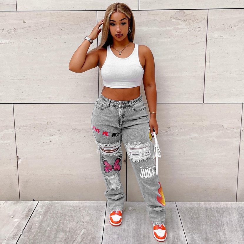 Fashionable Womens Distressed Denim Jeans Digital Print Sexy Style Casual Wear Wholesale Available