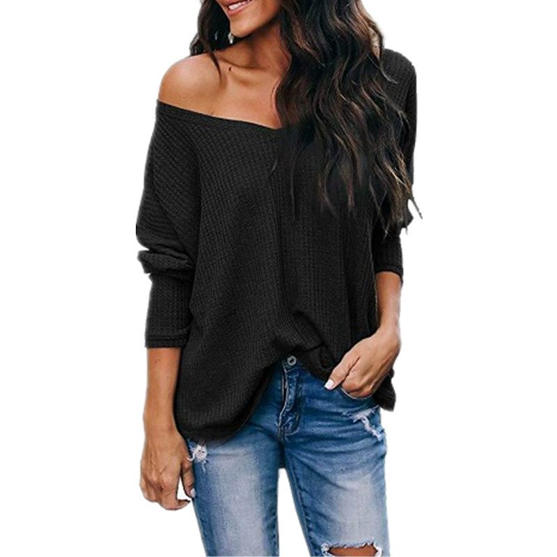 V Neck Off Shoulder Loose Long Sleeve T Shirt for Women Casual Autumn Style in Multiple Sizes
