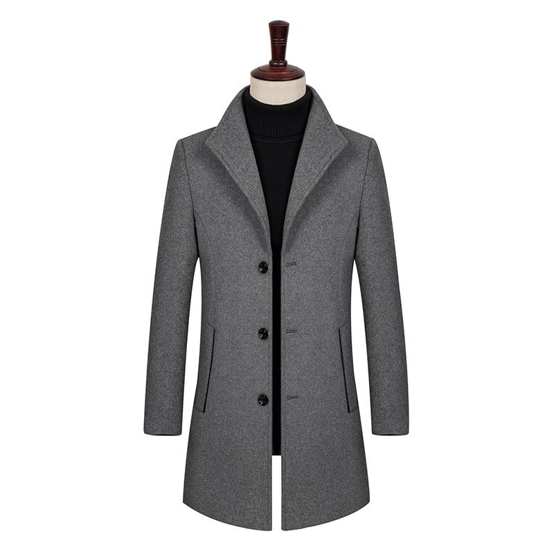 Single Breasted Mid Length Woolen Coat Stand Collar Casual Style Autumn Winter Fashion Wholesale