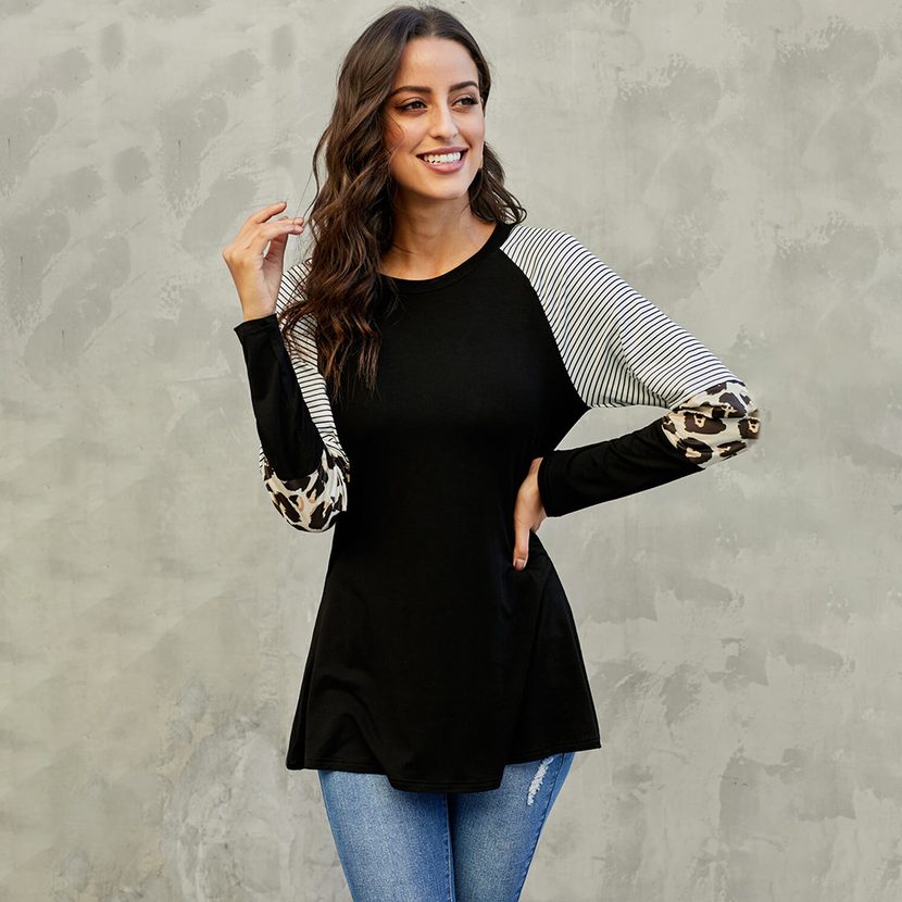 Loose Fit Color Block Long Sleeve T Shirt for Women Casual Round Neck Cotton Blend Spring Autumn Wear