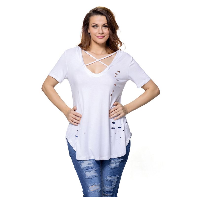Womens Distressed T Shirt Loose Fit Short Sleeve Round Neck Solid Color Casual Wear