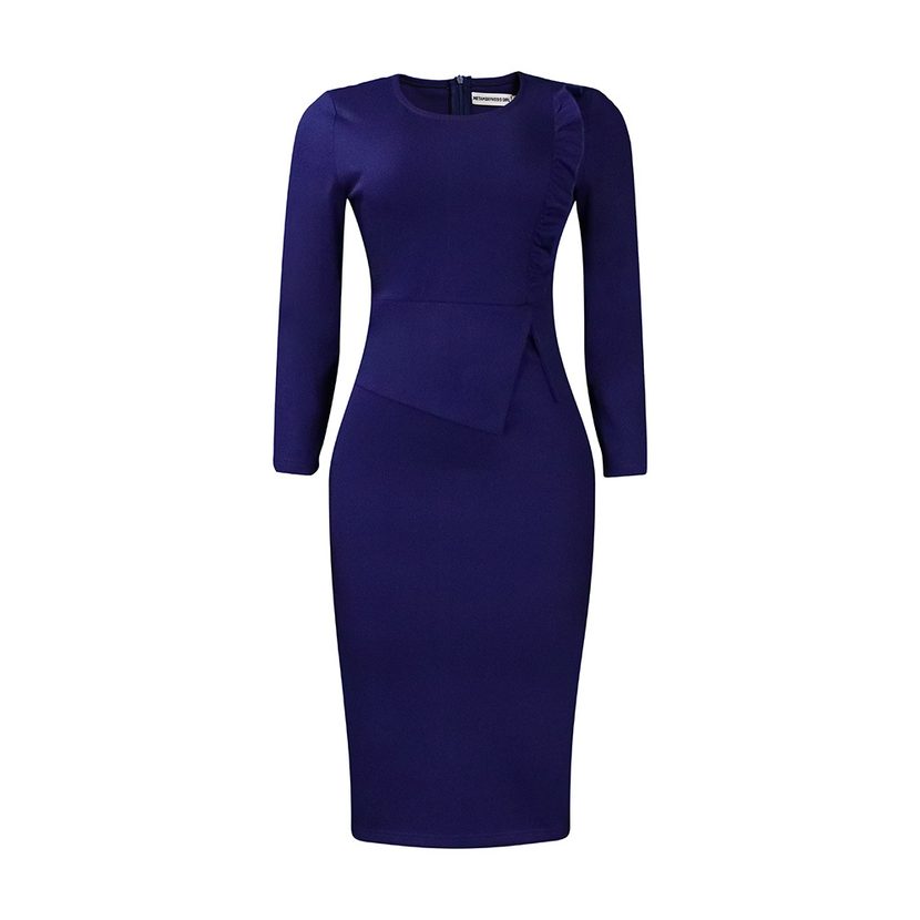 Plus Size Womens Spring Dress Ruffle Trim Solid Color Round Neck Bodycon Fit Office Wear Busines