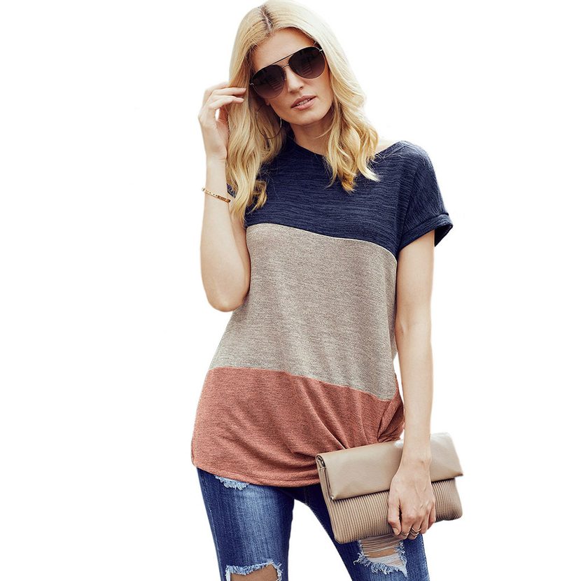Color Block Asymmetrical Neck Short Sleeve Top Loose Fit Casual Style Perfect for Spring and Sum