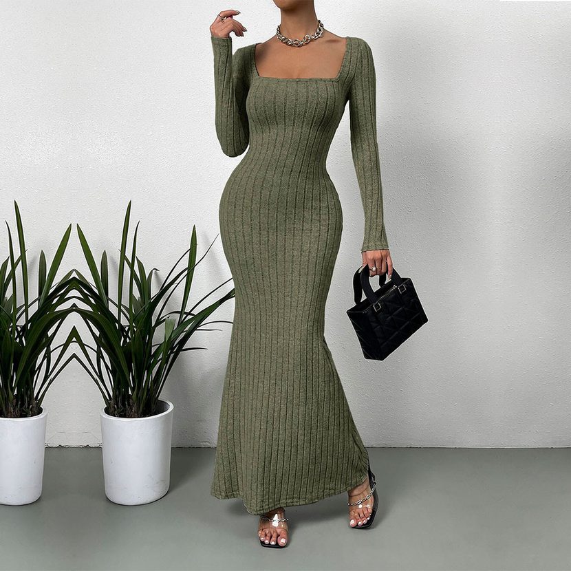 Elegant Long Sleeve Square Neck Dress Slim Fit Ankle Length Autumn Winter Perfect for Formal Occ