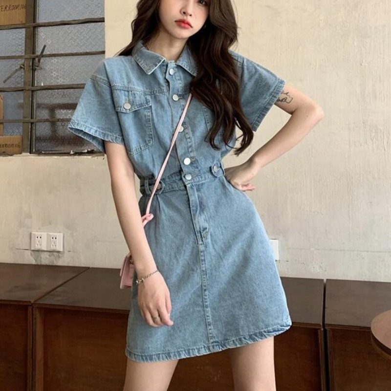 Vintage Style Denim Dress for Women Spring Collection Fitted Waist Short Skirt Available in S M L Wholesale