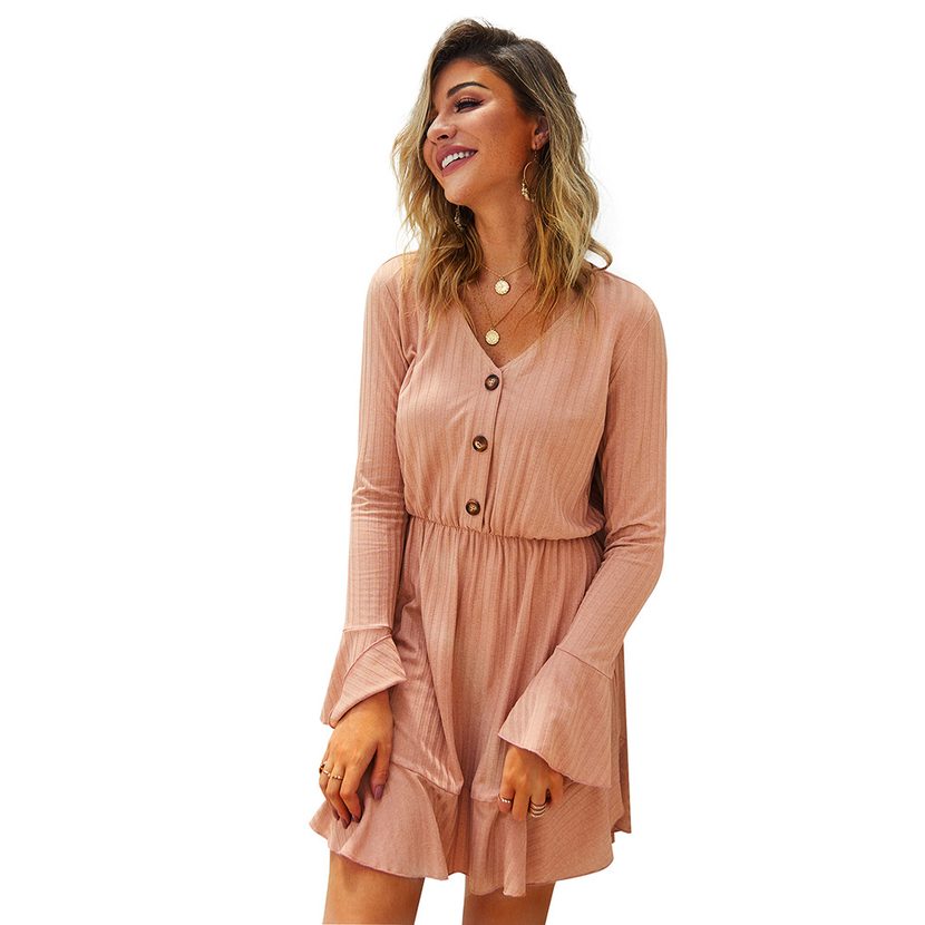 Fashionable Womens Dress Original Design Solid Color Long Sleeve Autumn Winter Collection Wholes