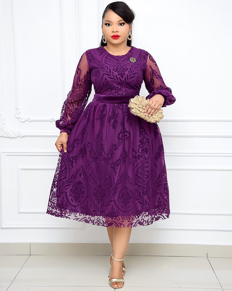 Floral Velvet Print Dress Elegant Round Neck Lantern Sleeve Flared Skirt Perfect for Spring and Summer Wholesale