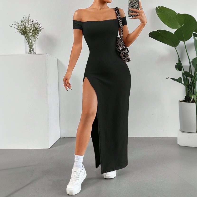 Elegant Off Shoulder Midi Dress Sexy Split Design Spring Summer Collection Perfect for Parties a