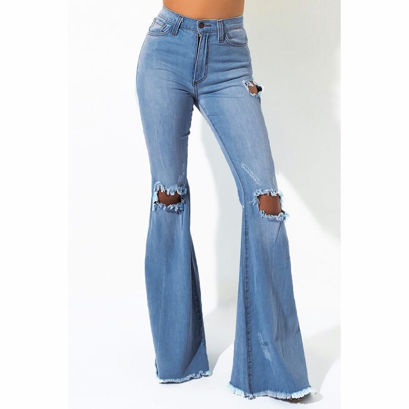 High Waist Ripped Flare Jeans for Women Slim Fit with Frayed Hem Casual Streetwear