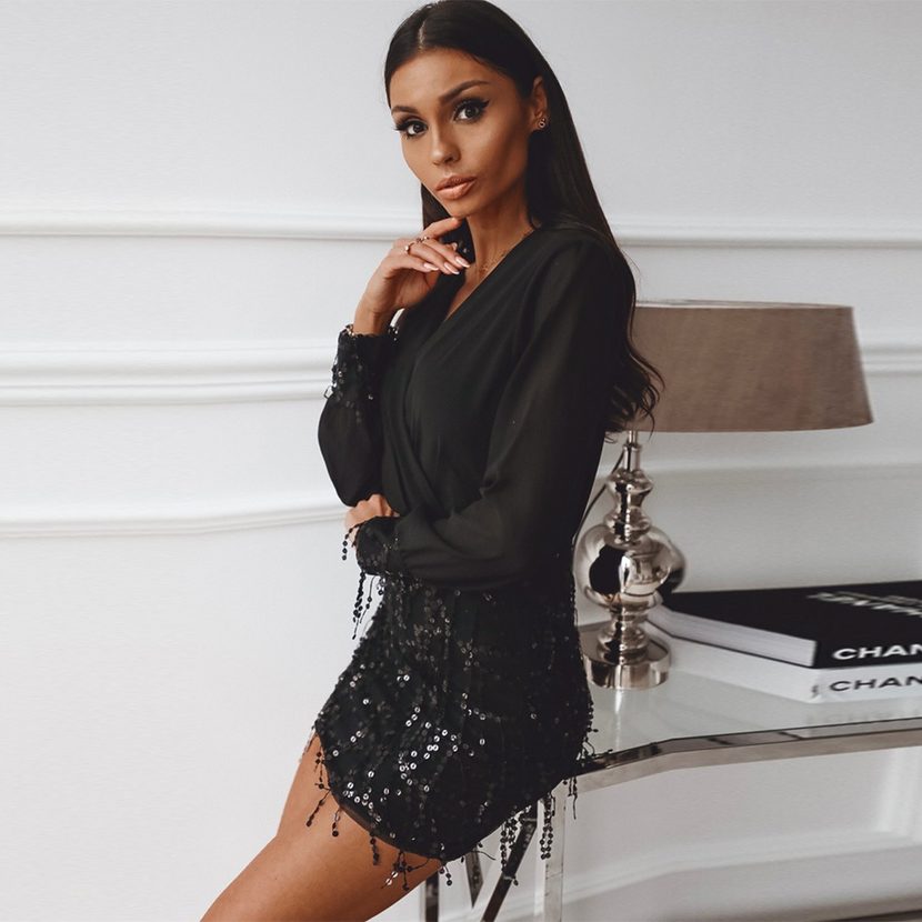 Long Sleeve Sequin Bodycon Dress for Women Elegant Fit and Flare Perfect for Parties and Events