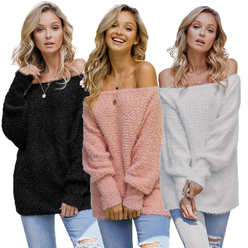Off Shoulder Long Sleeve Knit Sweater for Women Solid Color Loose Fit Warm Wool Blend Autumn Win