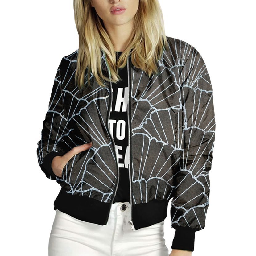 Womens Baseball Jacket Stand Collar Black and White Print Casual Wear customizable