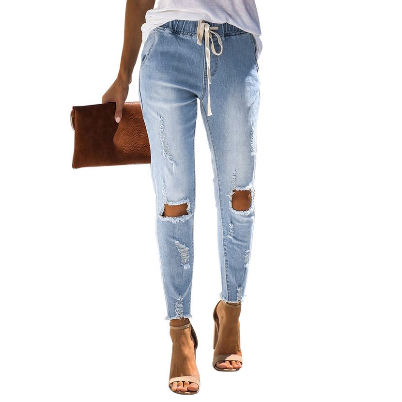 High Waisted Womens Skinny Jeans Stretchy Vintage Wash Drawstring Design Casual Autumn Winter We