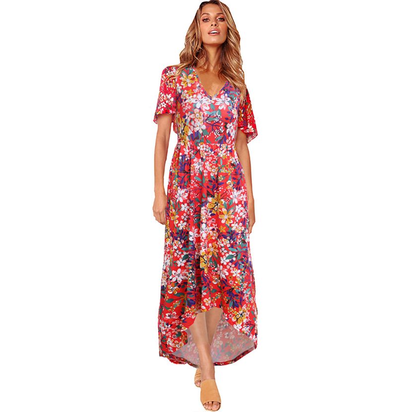 Womens Floral Maxi Dress Short Sleeve V Neck High Waist Elegant Casual Wear customizable