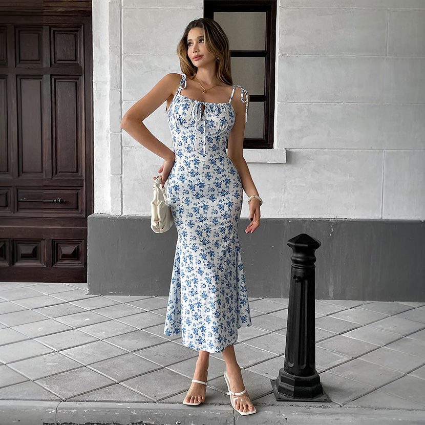 Summer Floral Print Maxi Dress for Women Sweet Slim Fit Spaghetti Straps Elegant Casual Wear Who