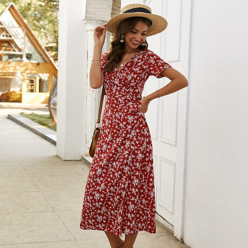 Floral Print Short Sleeve Dress for Women Slim Fit Summer Casual Wear bulk order