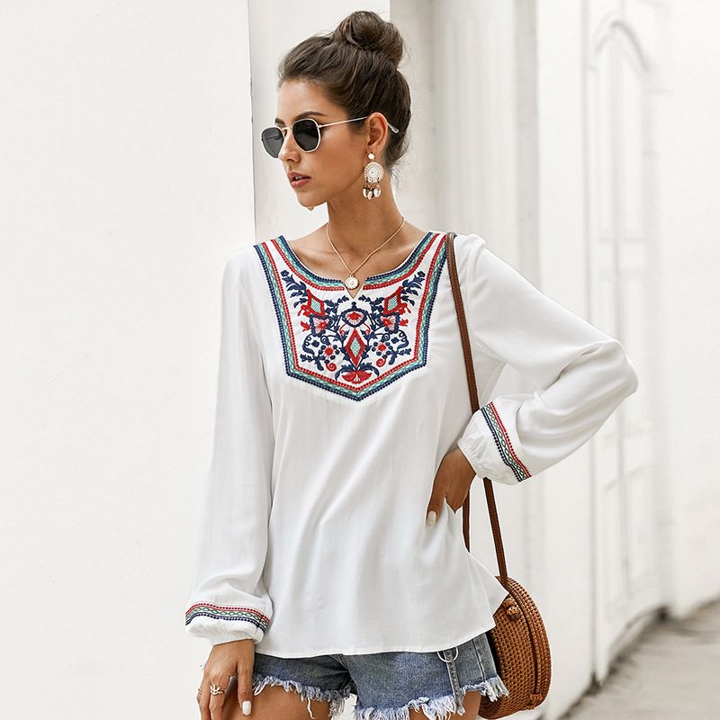 Womens Long Sleeve Ethnic Style T Shirt Comfortable Fabric Spring Collection