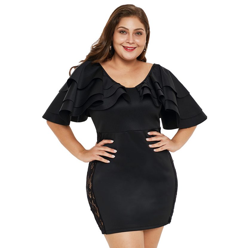 Plus Size Lace Insert Dress Round Neck Ruffled Short Sleeves High Waist Pleated Design Elegant E