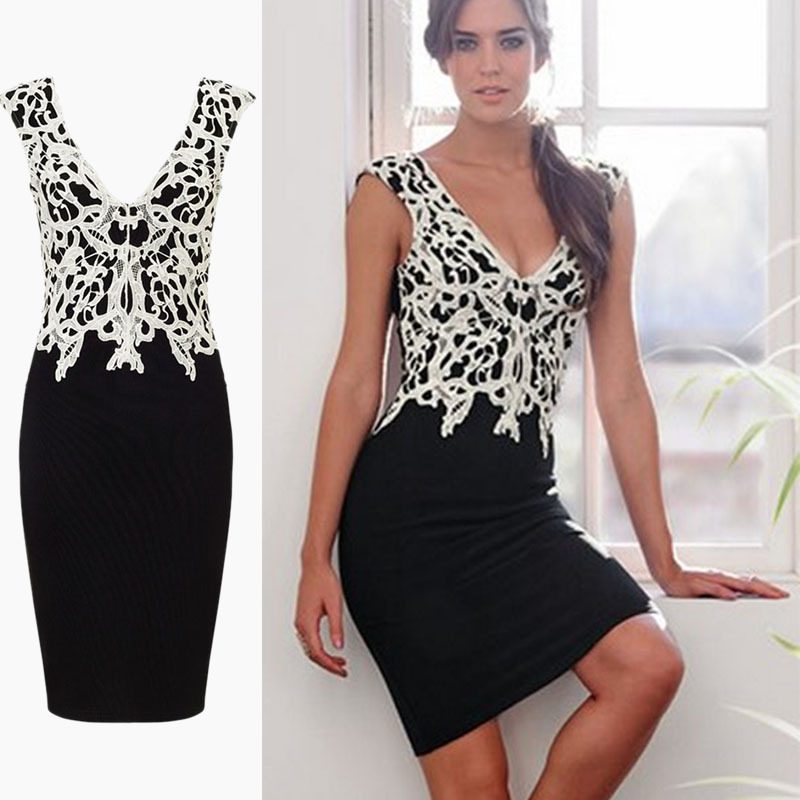 Womens Sexy V Neck Lace Patchwork Midi Dress Slim Fit Pencil Silhouette Elegant Evening Wear