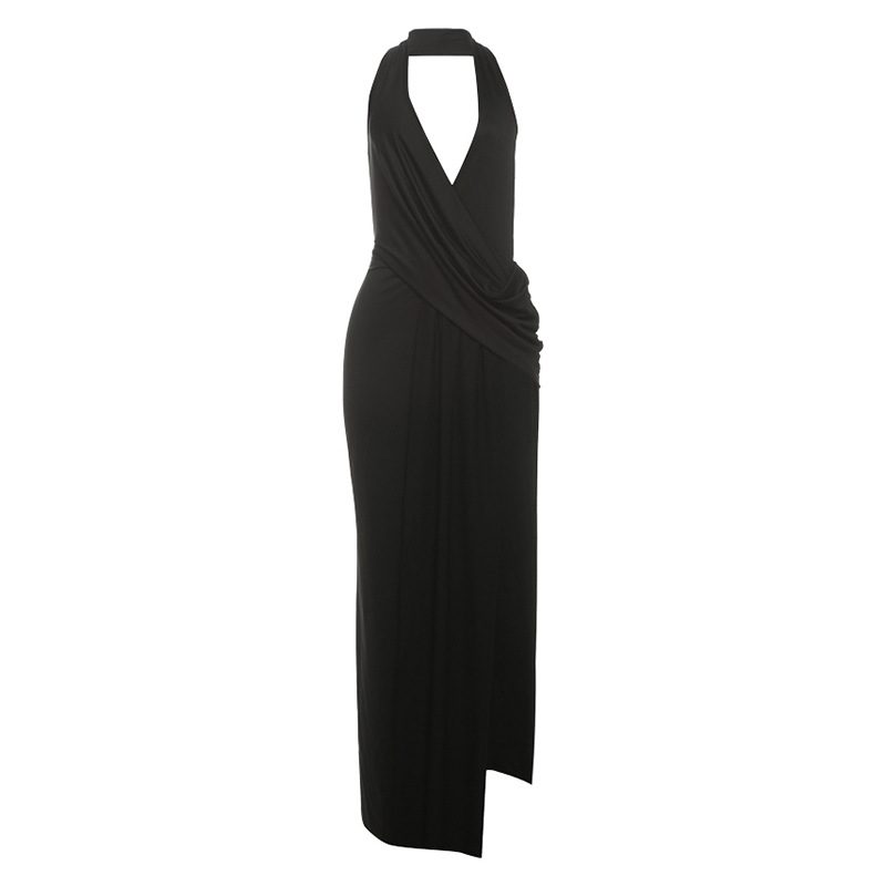 Backless Deep V Neck Maxi Dress Halter Neck High Slit Elegant Style Perfect for Evening Events W