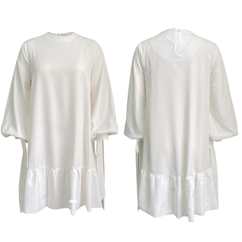 Loose Fit Solid Color Puff Sleeve Dress Plus Size Casual Style Autumn Wear Wholesale Available
