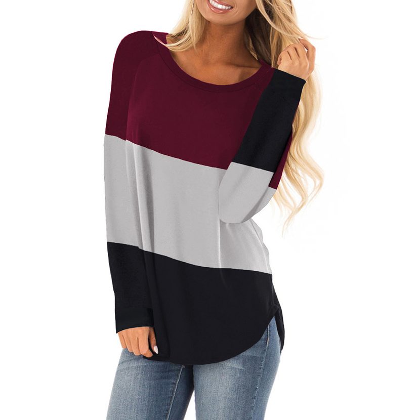 Womens Long Sleeve Color Block T Shirt Casual Loose Fit Round Neck Cotton Blend Spring Autumn Wholesale