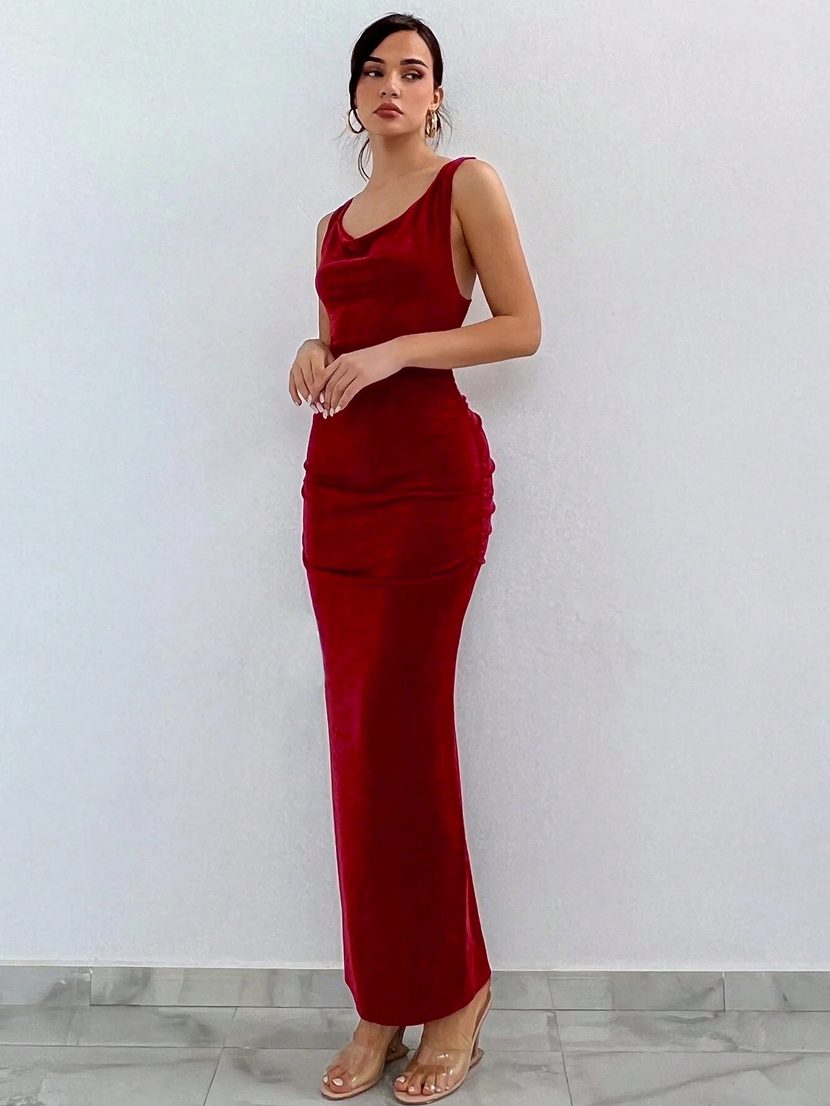 Backless Bodycon Maxi Dress Round Neck Cross Back Design Slim Fit Perfect for Parties and Evenin
