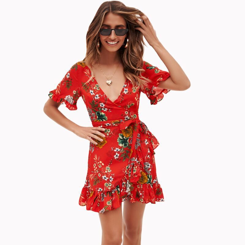 Floral Print V Neck Ruffle Hem Wrap Dress Elegant Design Comfortable Fit Versatile Style Perfect