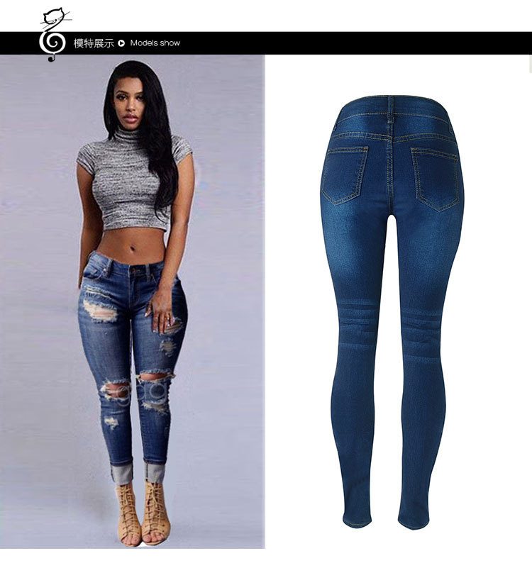 Womens Distressed Denim Pencil Pants High Waist Slim Fit Casual Everyday Wear customizable