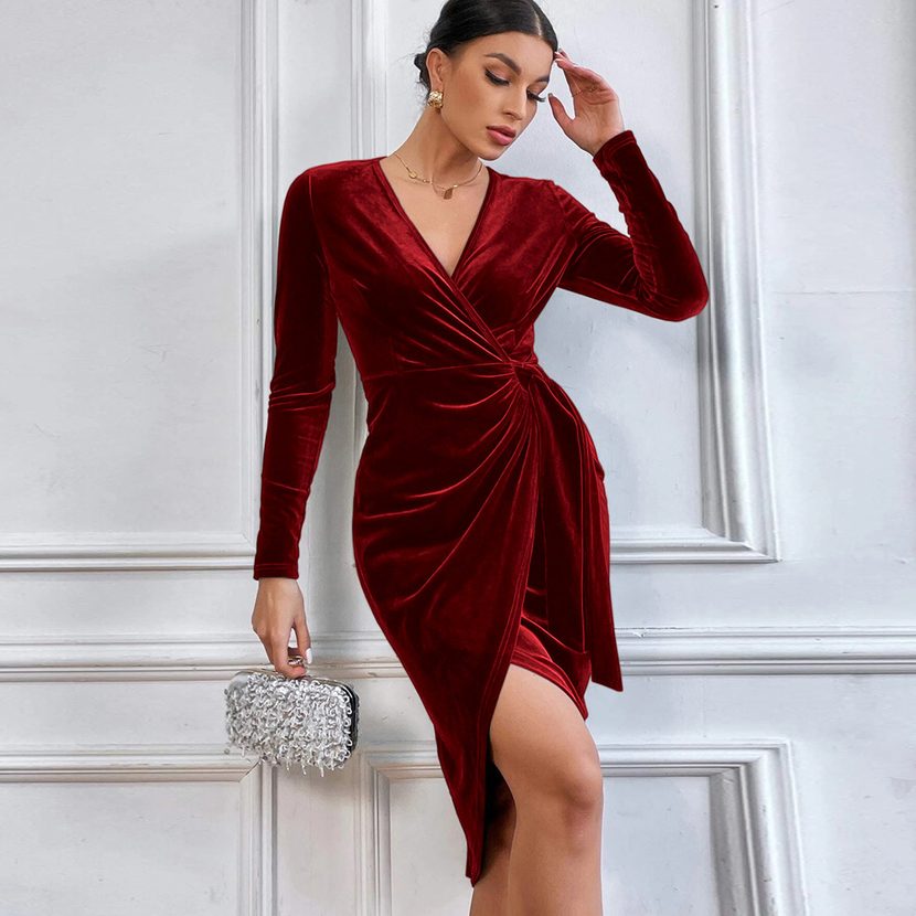 Sexy V Neck Bodycon Maxi Dress Irregular Hem Elegant Evening Gown Perfect for Cocktail Parties W