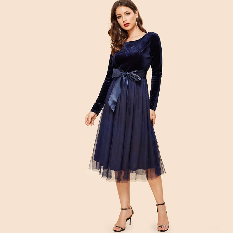 Mesh Maxi Dress for Women Long Sleeve Round Neck Flowy Design Autumn Winter Collection