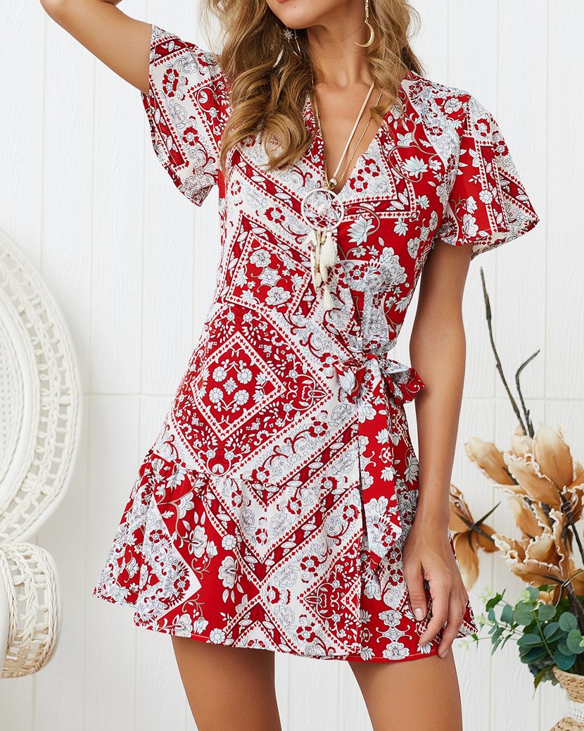 Casual Floral Print Dress Short Sleeve Tie Design Sexy Style Spring Summer Vacation Wear Ready t