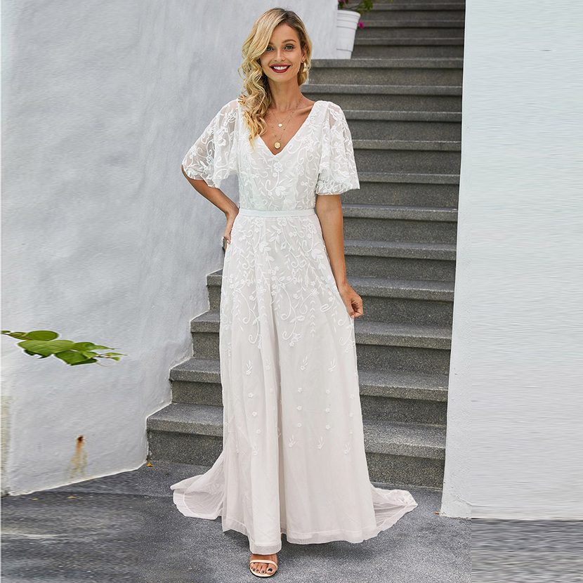 Long Sleeve Lace Embroidered Maxi Dress for Women Deep V Neck Solid Color Autumn Fashion