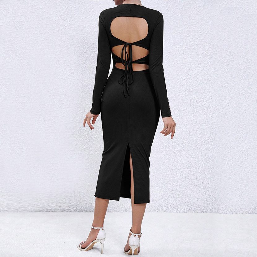 Bodycon Long Dress Sexy Hollow Design Slim Fit Elegant Style Autumn Winter Fashion for Women Who