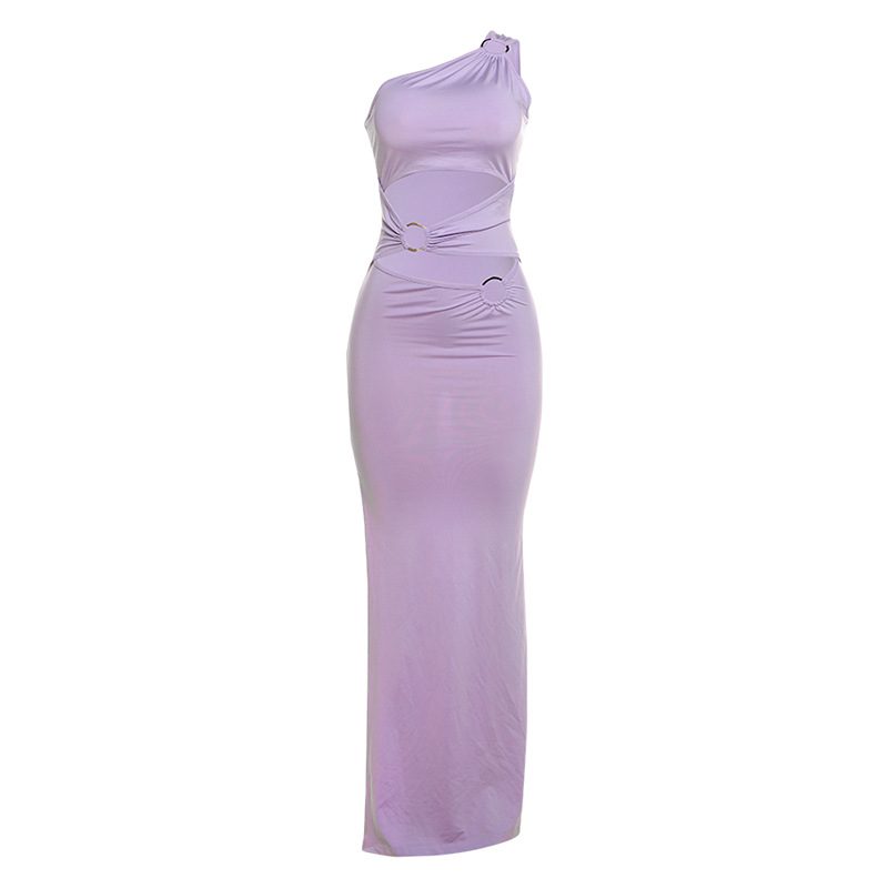 Fashionable Womens Dress Asymmetrical Shoulder Color Block Slim Fit Sexy Split Autumn Collection