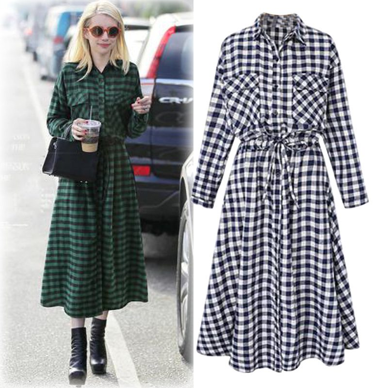 Long Sleeve Houndstooth Maxi Dress High Waist Belted Elegant Design Perfect for Spring and Autum