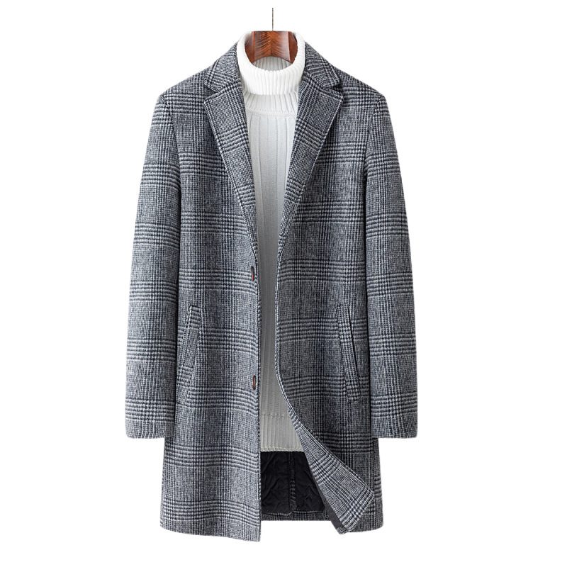 Mens Mid Length Plaid Wool Blend Overcoat Thickened Warm Stylish Perfect for Autumn and Winter W