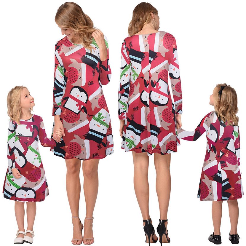 Family Matching Christmas Dresses Long Sleeve Round Neck Printed Casual Autumn Winter Style Whol