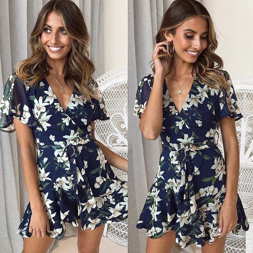 Short Sleeve Deep V Floral Print Dress Three Colors Sexy Style Spring Summer Fashion Wholesale A