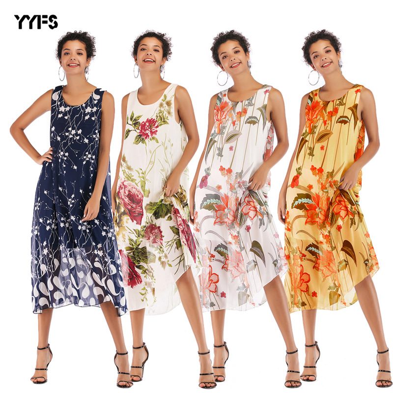 Womens Beach Dress Sleeveless Round Neck Floral Print Flowy Chiffon Summer Casual Wear Wholesale