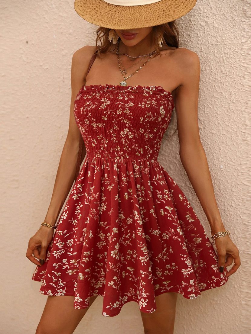 Floral Print Strapless Dress Slimming Waist Design Playful Style Summer Fashion Wholesale Availa