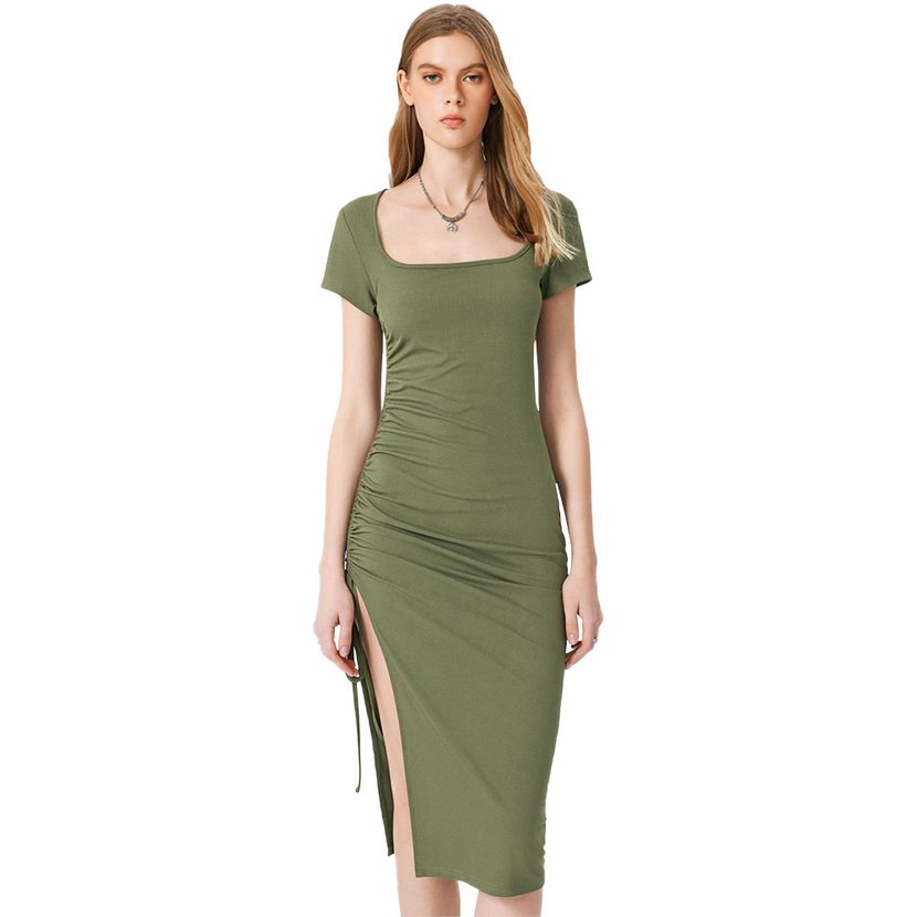 Knit Bodycon Dress Elegant V Neck Slim Fit Side Slit Ribbed Texture Perfect for Parties and Even
