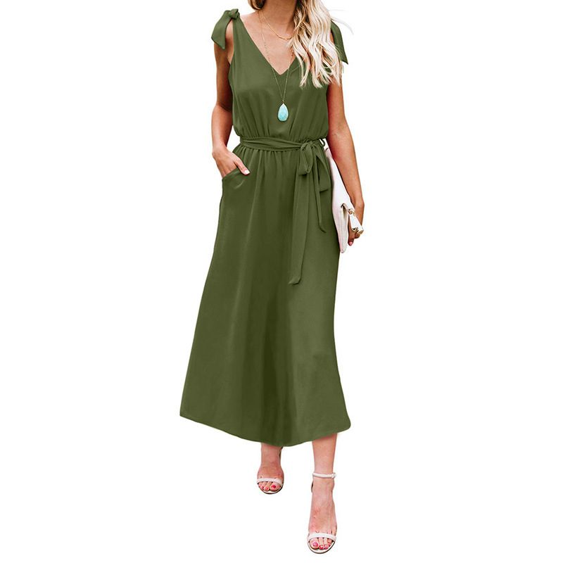 Summer Womens Dress Deep V Neck Sleeveless High Waisted Solid Color Casual or Party Wear Wholesa
