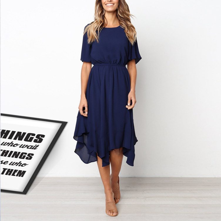 Irregular Hem Waist Defined Short Sleeve Dress for Women Casual Spring Autumn Wear Available in Multiple Sizes Wholesale
