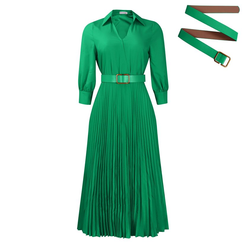 V Neck Long Sleeve Dress Solid Color Pleated Design Flowy Skirt Spring Fashion for Women Wholesa