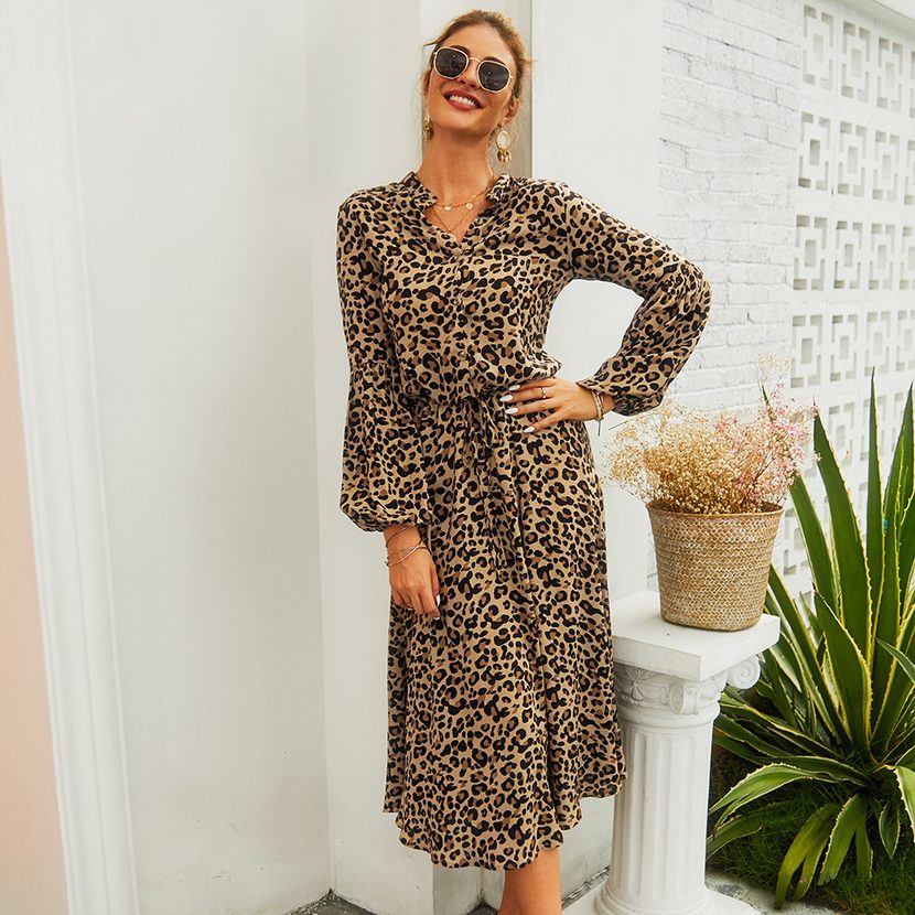 Leopard Print Long Sleeve Midi Dress for Women Casual Spring Summer Style Low MOQ