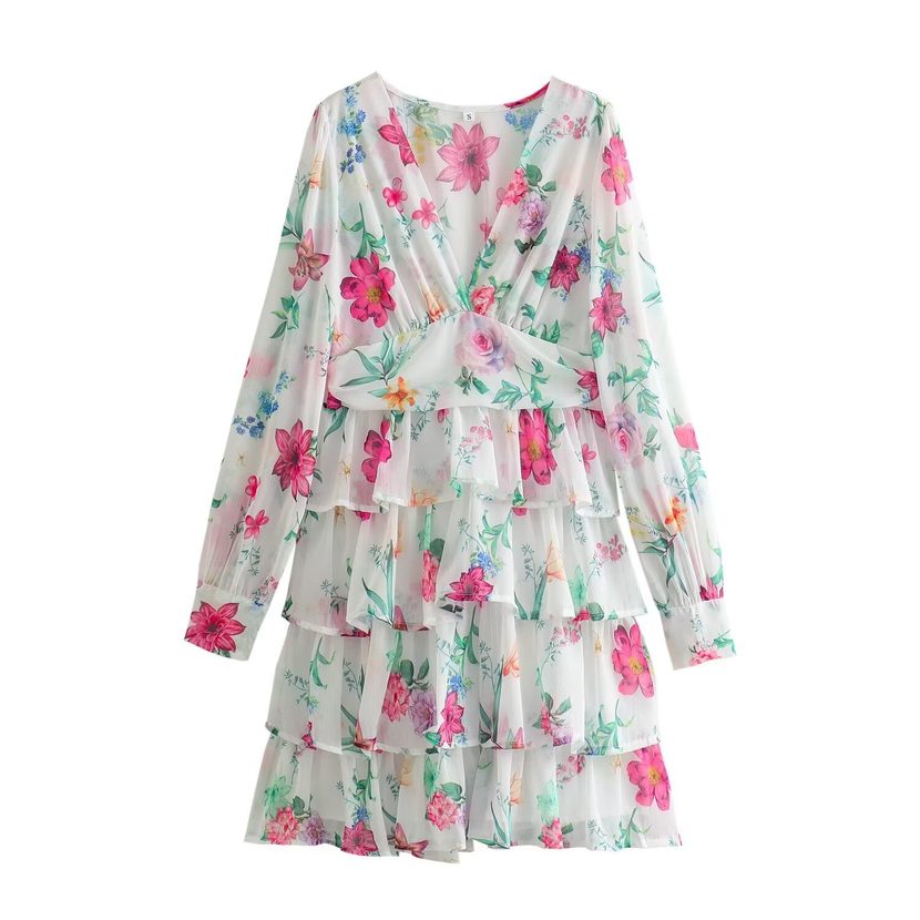 V Neck Floral Print A Line Dress for Women Waist Definition Layered Design Spring Fashion